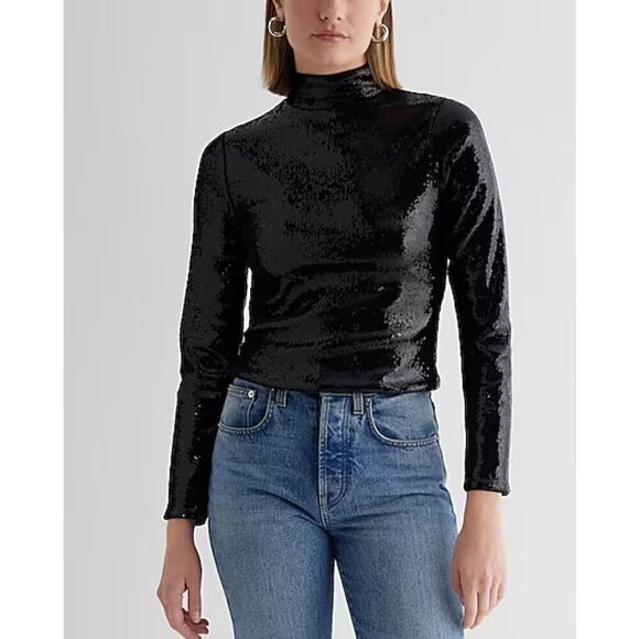 Body Contour Sequin Mock Neck Long Sleeve Tee Sz L - Picture 1 of 9